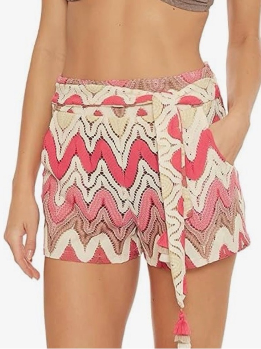 Trina Turk Pink & Cream Chevron Tie-Waist High Waist Shorts